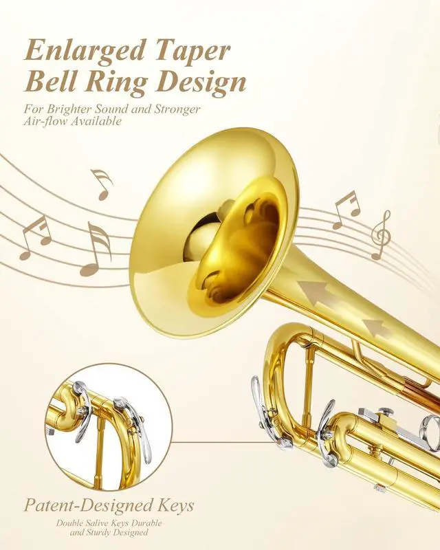 Alt view image 2 of 7 - ETR-390 Standard B Flat Trumpet for Beginners Intermediate, Advanced Upgraded Trumpet Instrument with Hard Case, Cleaning Kit, 7C Mouthpiece, Gloves, Golden