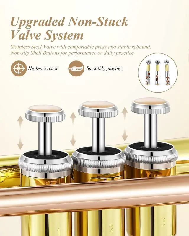 Alt view image 3 of 7 - ETR-390 Standard B Flat Trumpet for Beginners Intermediate, Advanced Upgraded Trumpet Instrument with Hard Case, Cleaning Kit, 7C Mouthpiece, Gloves, Golden