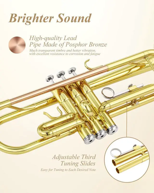 Alt view image 4 of 7 - ETR-390 Standard B Flat Trumpet for Beginners Intermediate, Advanced Upgraded Trumpet Instrument with Hard Case, Cleaning Kit, 7C Mouthpiece, Gloves, Golden