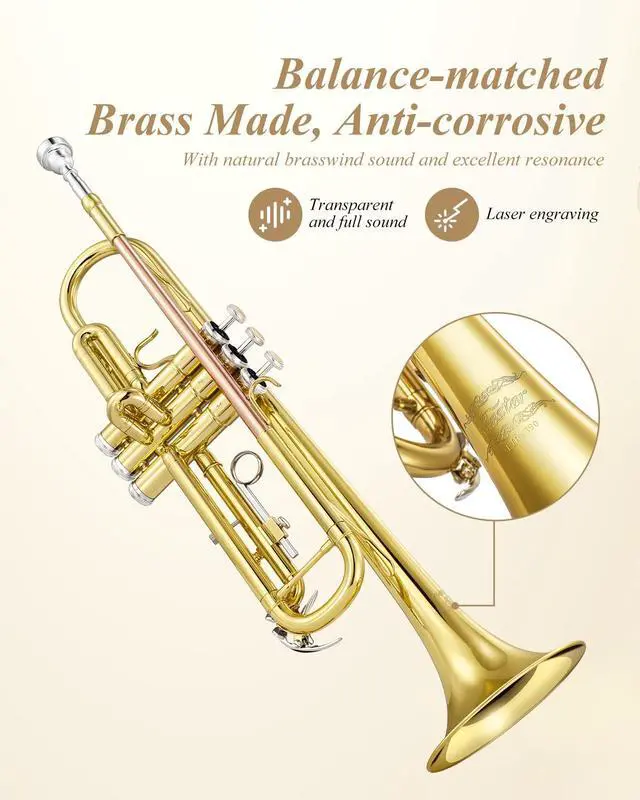 Alt view image 5 of 7 - ETR-390 Standard B Flat Trumpet for Beginners Intermediate, Advanced Upgraded Trumpet Instrument with Hard Case, Cleaning Kit, 7C Mouthpiece, Gloves, Golden