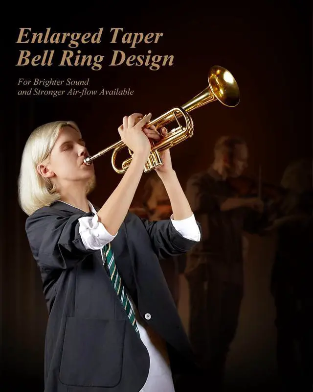 Alt view image 6 of 7 - ETR-390 Standard B Flat Trumpet for Beginners Intermediate, Advanced Upgraded Trumpet Instrument with Hard Case, Cleaning Kit, 7C Mouthpiece, Gloves, Golden