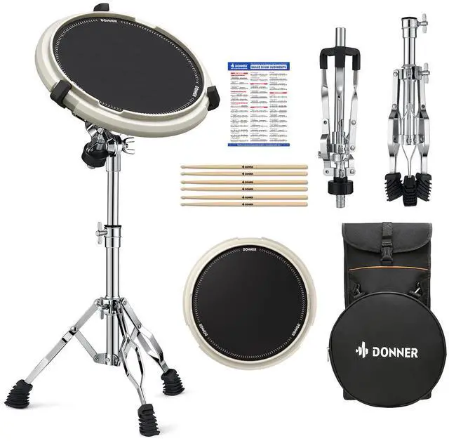 Main image of Drum Practice Pad & Stand Kit with 12'' Silent Marching Pad, Drumsticks, Backpack - Adjustable Fits 10''-14'' Drums (White)
