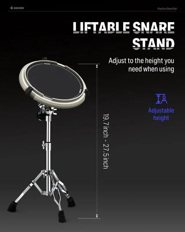 Alt view image 5 of 7 - Drum Practice Pad & Stand Kit with 12'' Silent Marching Pad, Drumsticks, Backpack - Adjustable Fits 10''-14'' Drums (White)