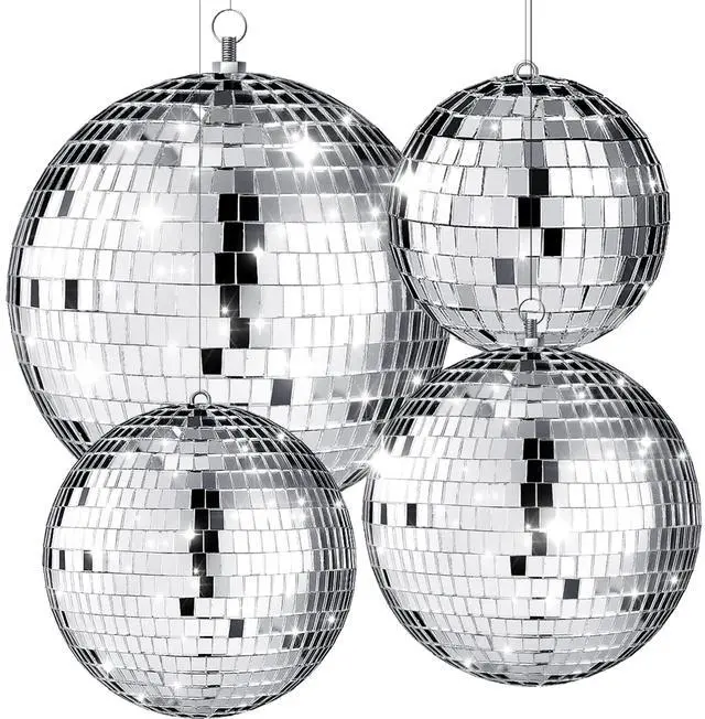 Main image of 4 Pcs Large Disco Ball Decor - Silver Hanging Mirror Disco Balls Ornament for Stage Club Prom Props 70s Weddings Dance Music Birthday(12, 8, 6, 4 Inch)