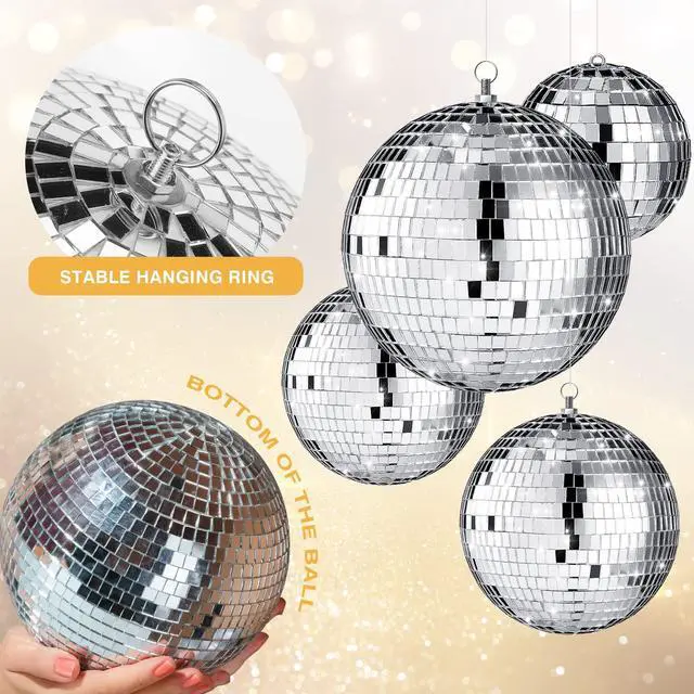 Alt view image 3 of 7 - 4 Pcs Large Disco Ball Decor - Silver Hanging Mirror Disco Balls Ornament for Stage Club Prom Props 70s Weddings Dance Music Birthday(12, 8, 6, 4 Inch)