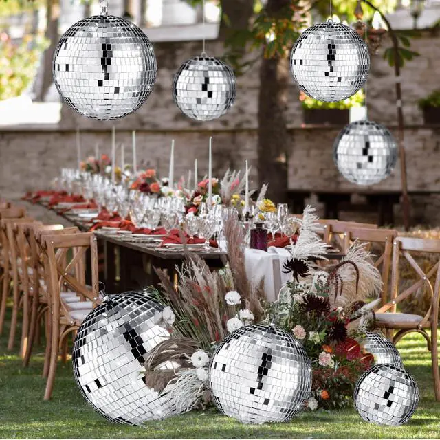 Alt view image 5 of 7 - 4 Pcs Large Disco Ball Decor - Silver Hanging Mirror Disco Balls Ornament for Stage Club Prom Props 70s Weddings Dance Music Birthday(12, 8, 6, 4 Inch)