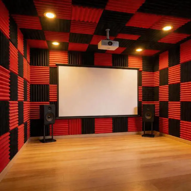 Alt view image 4 of 7 - 96 Pack Allxinlog Absorb the Echo Acoustic Foam Panel Wedge Studio Soundproofing Wall Tiles 12" X 12" X 1" (Accompanied By Double-Sided Adhesive Tape)(48RED+48BLACK)