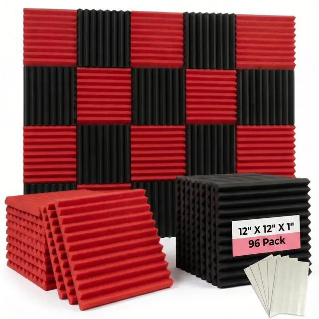 Main image of 96 Pack Black/RED 12 "X 12 "X1" Acoustic Panels Studio Soundproofing Foam Wedge Tiles(Accompanied By Double-Sided Adhesive Tape)