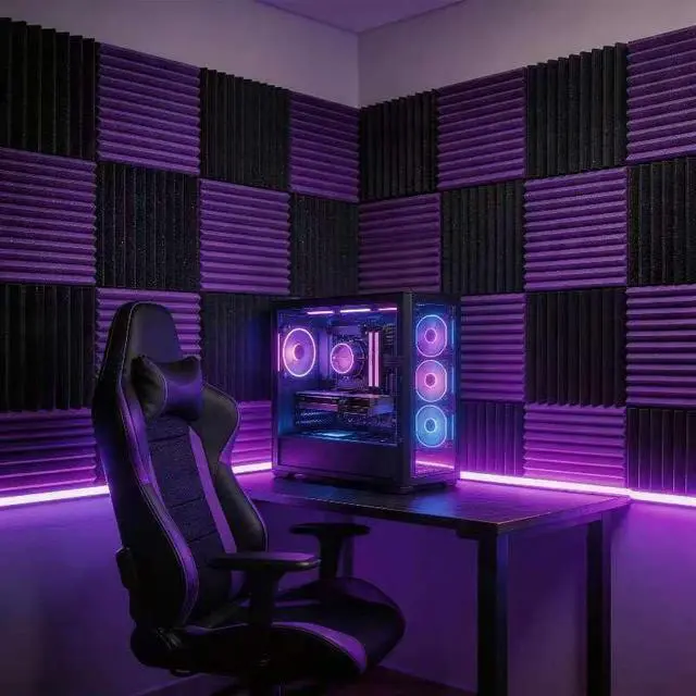 Alt view image 4 of 6 - 96 Pack Allxinlog Absorb the echo Acoustic Foam Panel Wedge Studio Soundproofing Wall Tiles 12" X 12" X 1" (Accompanied By Double-Sided Adhesive Tape)(48Purple+48Black)