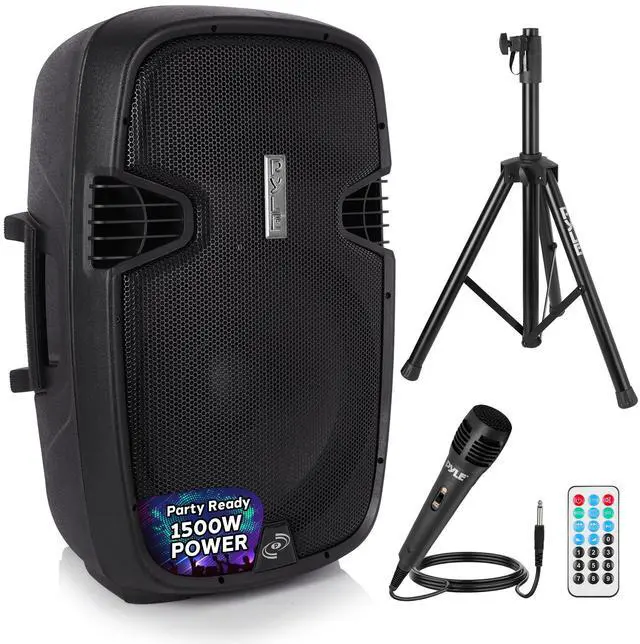 Main image of PPHP155ST Wireless Portable PA Speaker System - 1500W High Powered Bluetooth Compatible Active Outdoor Sound Speakers w/ USB SD MP3 RCA - 35mm Mount, Stand, Microphone, Power Cable, Black, 15"