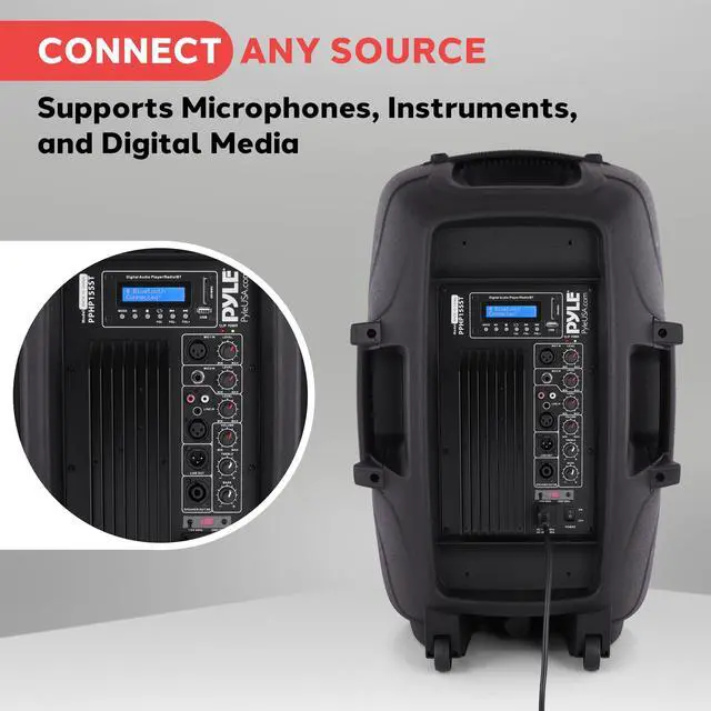 Alt view image 3 of 7 - PPHP155ST Wireless Portable PA Speaker System - 1500W High Powered Bluetooth Compatible Active Outdoor Sound Speakers w/ USB SD MP3 RCA - 35mm Mount, Stand, Microphone, Power Cable, Black, 15"