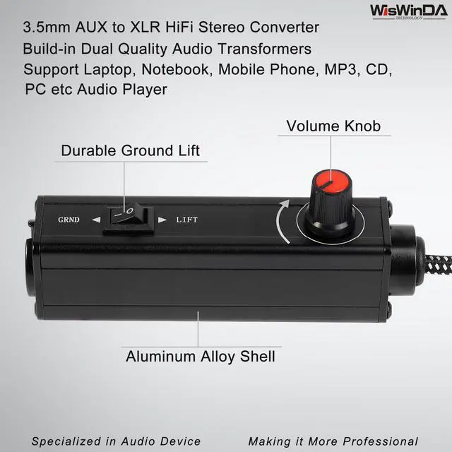 Alt view image 3 of 7 - Upgrade Pro101A HiFi Stereo AUX to XLR Isolation Box with Volume Controller Ground Lift Switch Build-in 3.5mm Aux Cord 3.3ft Gold Coating Plug with Extra XLR Y Cord