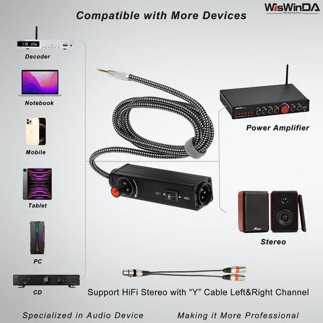Alt view image 7 of 7 - Upgrade Pro101A HiFi Stereo AUX to XLR Isolation Box with Volume Controller Ground Lift Switch Build-in 3.5mm Aux Cord 3.3ft Gold Coating Plug with Extra XLR Y Cord
