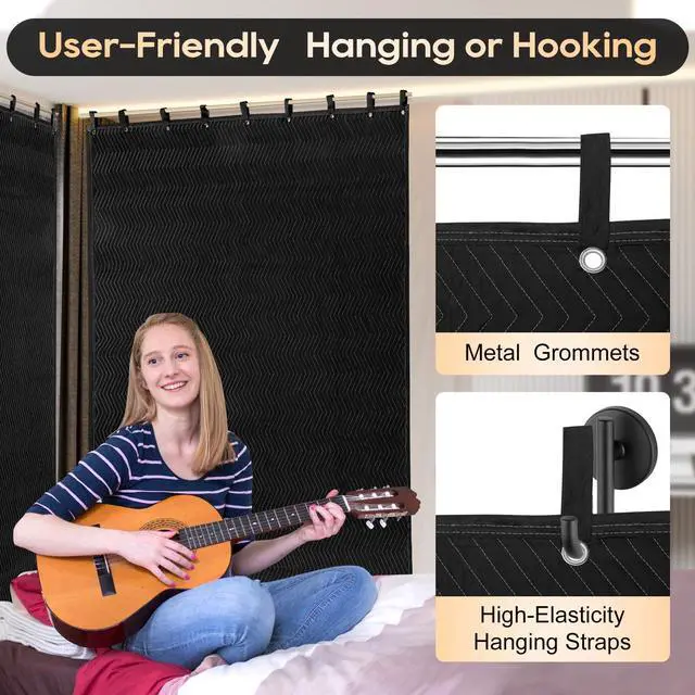 Alt view image 4 of 7 - 2 Pack Large Sound Dampening Blankets - 96" x 80" Heavy Duty 850GSM Acoustic Sound Blankets for Studio, Noise Reduction in Rooms, Home Theaters | Grommets for Easy Hanging, Light Blocking