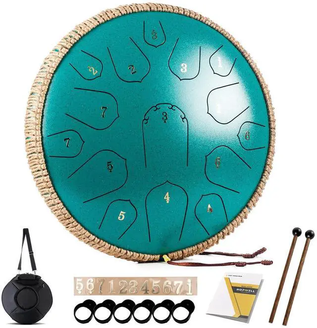 Main image of Steel Tongue Drum - 15 Note 14 Inch - Percussion Instrument - Hand Pan Drums with Music Book, Drum Mallets and Carry Bag, D Major, Malachite Green