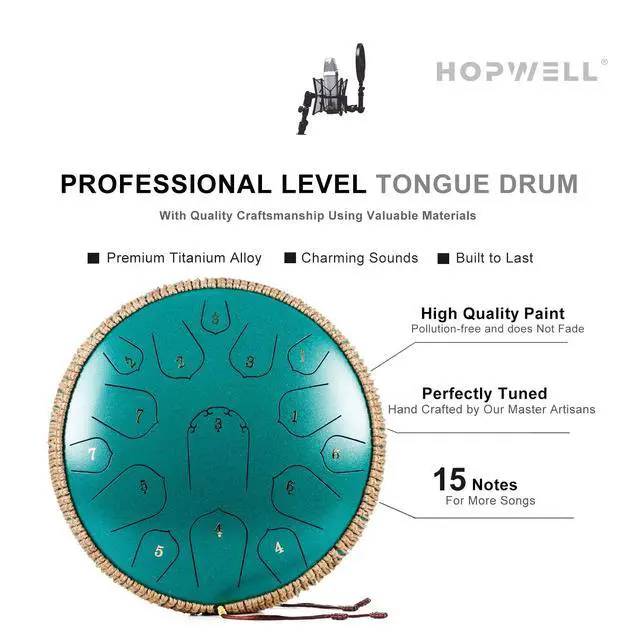 Alt view image 3 of 6 - Steel Tongue Drum - 15 Note 14 Inch - Percussion Instrument - Hand Pan Drums with Music Book, Drum Mallets and Carry Bag, D Major, Malachite Green