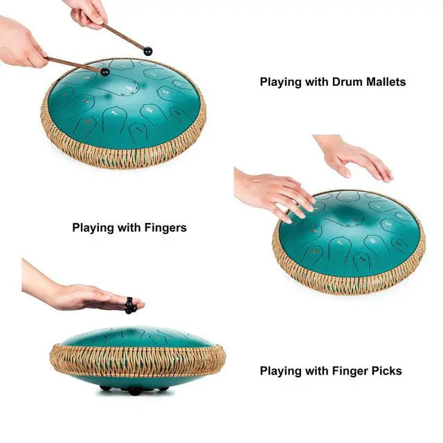 Alt view image 4 of 6 - Steel Tongue Drum - 15 Note 14 Inch - Percussion Instrument - Hand Pan Drums with Music Book, Drum Mallets and Carry Bag, D Major, Malachite Green