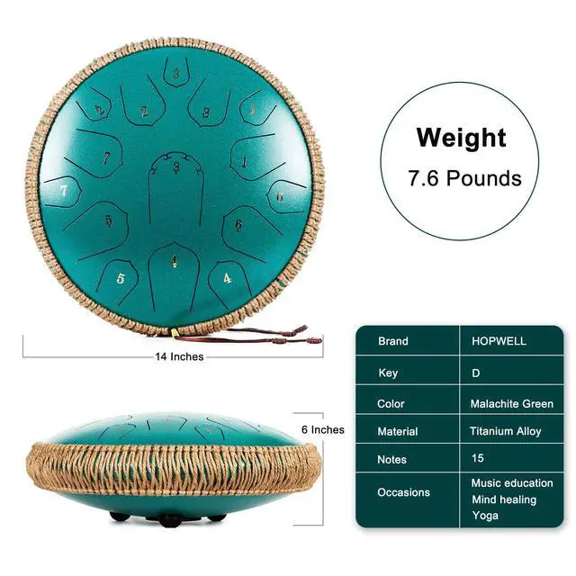 Alt view image 5 of 6 - Steel Tongue Drum - 15 Note 14 Inch - Percussion Instrument - Hand Pan Drums with Music Book, Drum Mallets and Carry Bag, D Major, Malachite Green