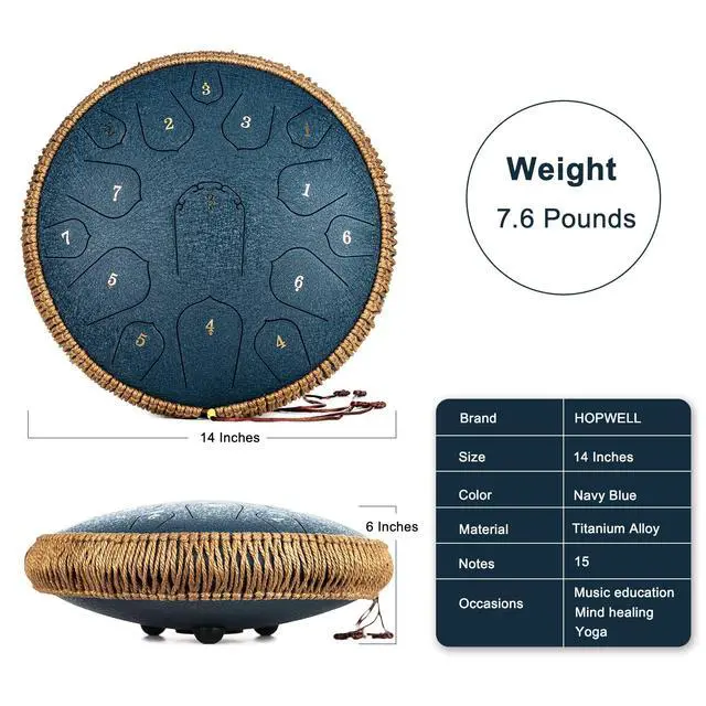 Alt view image 5 of 6 - Steel Tongue Drum - 14 Inch 15 Note Tongue Drum - Hand Pan Drum with Music Book, Handpan Drums Mallets and Carry Bag, D Major (Navy Blue)