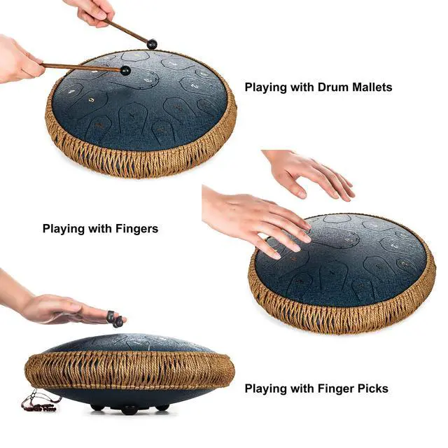Alt view image 4 of 6 - Steel Tongue Drum - 14 Inch 15 Note Tongue Drum - Hand Pan Drum with Music Book, Handpan Drums Mallets and Carry Bag, D Major (Navy Blue)
