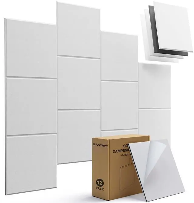 Main image of Mass Loaded Vinyl, 12-Pack Self-Adhesive Acoustic Panels | Polyester, Rubber Better Sound Absorption, Covers 11.6 sq ft, 12"×12" Soundproofing Panels for Home Office, Studio, Live Room