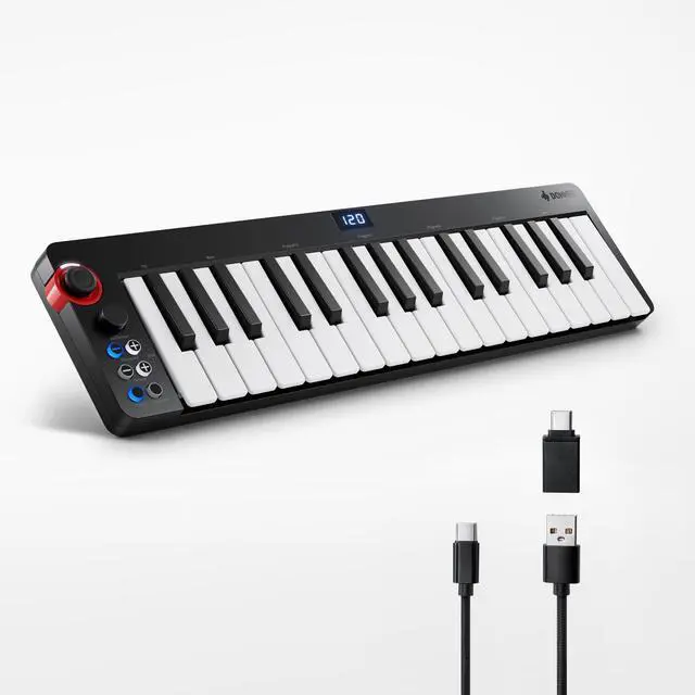 Main image of N-32 MIDI Keyboard, Small USB MIDI Controller with 32 Velocity-Sensitive Keys, Screen, Sequencer, Chord, Bend Sound Effects by Light-up Joystick, Music Production Software, 40 Teaching Courses