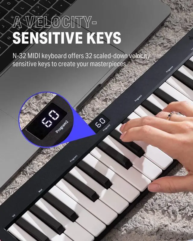 Alt view image 2 of 7 - N-32 MIDI Keyboard, Small USB MIDI Controller with 32 Velocity-Sensitive Keys, Screen, Sequencer, Chord, Bend Sound Effects by Light-up Joystick, Music Production Software, 40 Teaching Courses