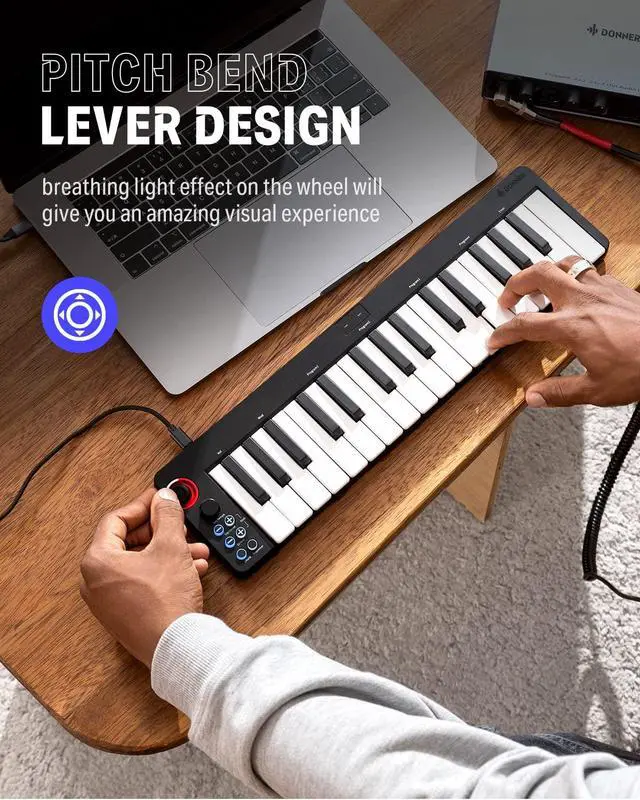 Alt view image 3 of 7 - N-32 MIDI Keyboard, Small USB MIDI Controller with 32 Velocity-Sensitive Keys, Screen, Sequencer, Chord, Bend Sound Effects by Light-up Joystick, Music Production Software, 40 Teaching Courses