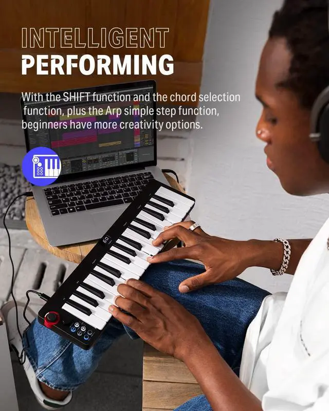 Alt view image 4 of 7 - N-32 MIDI Keyboard, Small USB MIDI Controller with 32 Velocity-Sensitive Keys, Screen, Sequencer, Chord, Bend Sound Effects by Light-up Joystick, Music Production Software, 40 Teaching Courses