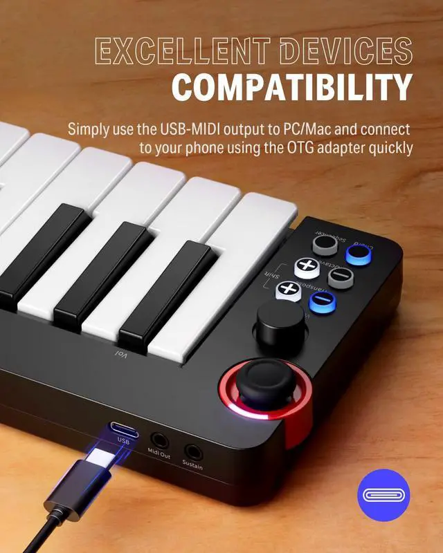 Alt view image 5 of 7 - N-32 MIDI Keyboard, Small USB MIDI Controller with 32 Velocity-Sensitive Keys, Screen, Sequencer, Chord, Bend Sound Effects by Light-up Joystick, Music Production Software, 40 Teaching Courses