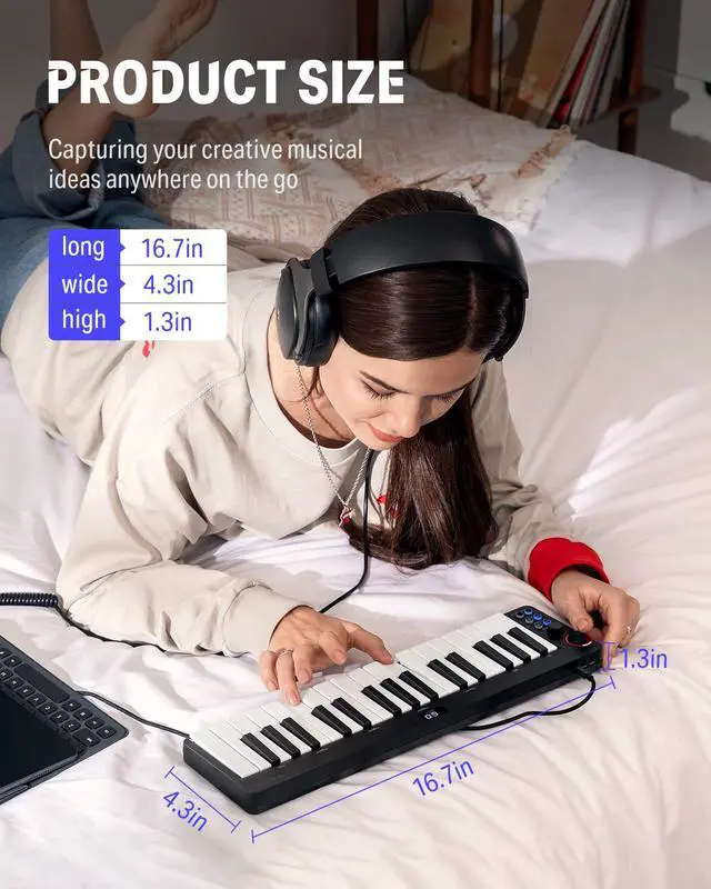 Alt view image 6 of 7 - N-32 MIDI Keyboard, Small USB MIDI Controller with 32 Velocity-Sensitive Keys, Screen, Sequencer, Chord, Bend Sound Effects by Light-up Joystick, Music Production Software, 40 Teaching Courses