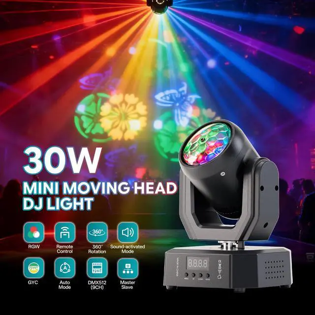 Alt view image 2 of 7 - Mini Moving Head Light, 30W LED Beam Light with Magic Ball Beam & Pattern Effect, DMX512/Remote/Sound-Activated Stage Lights for Party Birthday Festival HOM, 2 Pack