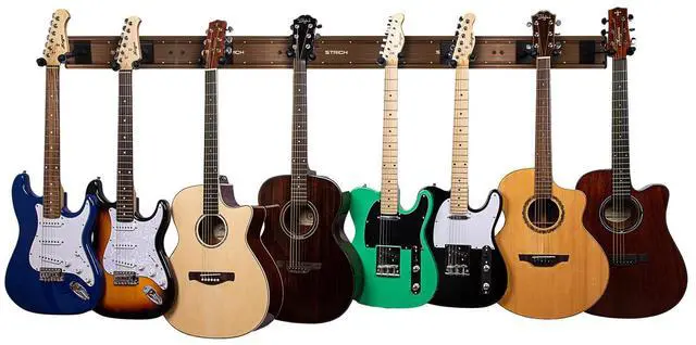 Main image of Guitar Wall Mount Hangers for Multiple Guitars, Holds 8 Guitars, Walnut Wood Grain, Strong Aluminum Metal Guitar Stand Rack Bass Holder, Adjustable Instruments Display Set, SMH-08W