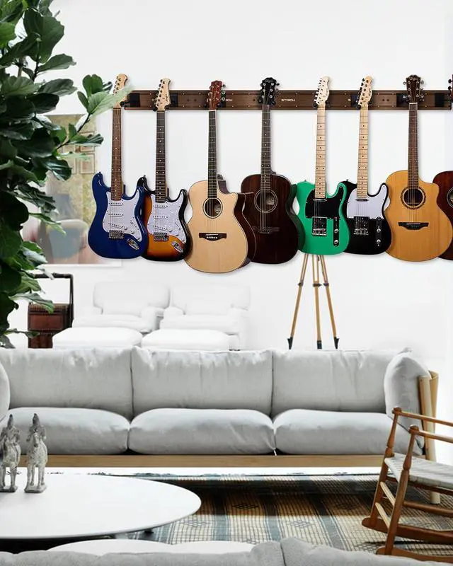 Alt view image 7 of 7 - Guitar Wall Mount Hangers for Multiple Guitars, Holds 8 Guitars, Walnut Wood Grain, Strong Aluminum Metal Guitar Stand Rack Bass Holder, Adjustable Instruments Display Set, SMH-08W