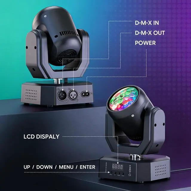 Alt view image 5 of 7 - Mini Moving Head Light, 30W LED Beam Light with Magic Ball Beam & Pattern Effect, DMX512/Remote/Sound-Activated Stage Lights for Party Birthday Festival HOM, 2 Pack