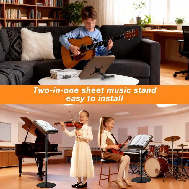Alt view image 2 of 6 - 2-in-1 Wooden Music Stand, Floor & Tabletop Sheet Music Stand | Music Stand for Sheet Music 16.5"-51" Adjustable Height & Tilting Angle, Ideal for Violin, Guitar(Walnut Effect - Minimalist)