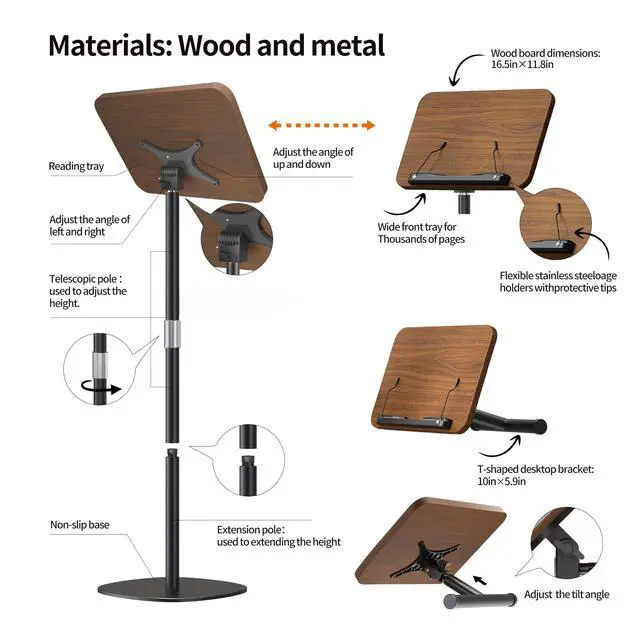 Alt view image 6 of 6 - 2-in-1 Wooden Music Stand, Floor & Tabletop Sheet Music Stand | Music Stand for Sheet Music 16.5"-51" Adjustable Height & Tilting Angle, Ideal for Violin, Guitar(Walnut Effect - Minimalist)