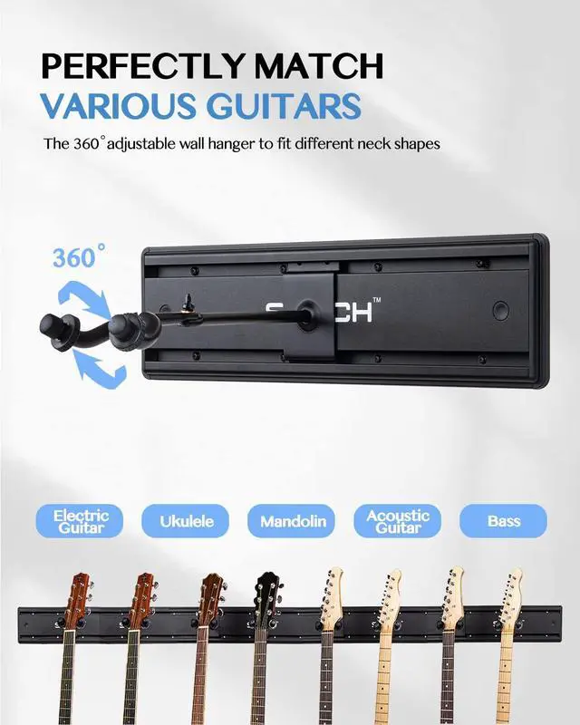 Alt view image 5 of 7 - Guitar Wall Mount Hangers for Multiple Guitars, Holds 8 Guitars, Strong Aluminum Metal Guitar Stand Rack Bass Holder, Adjustable Instruments Display Set, SMH-08A