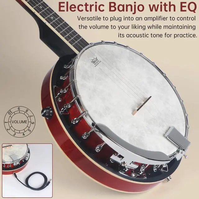 Alt view image 3 of 7 - Banjo, 5 String Electric Acoustic Banjos with Remo Head Full Size 38 Inch Closed Back with Removable Resonator, Strings Pack, Finger Picks, Strap, Case for Beginners Adults Starter Gift