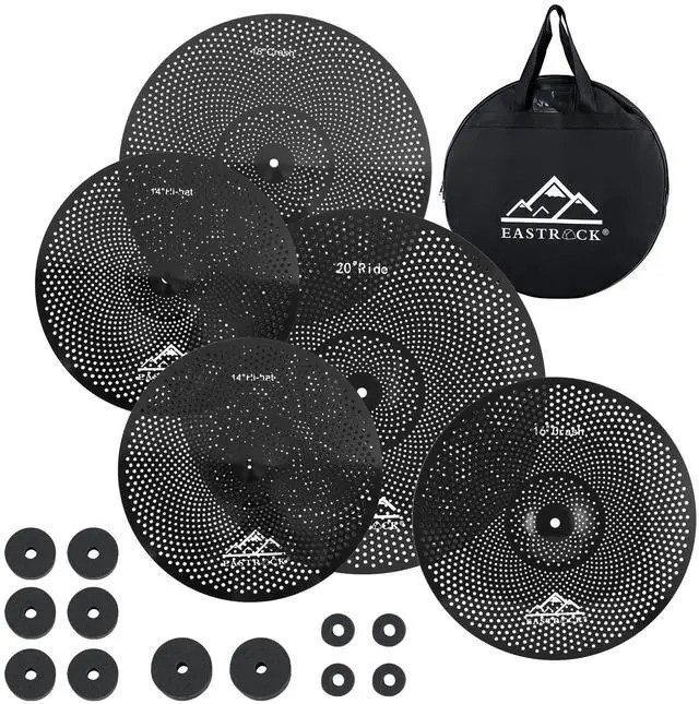 Main image of 5 Pieces Low Volume Cymbal Pack with Cymbal Bag and Felts,Black | Cymbals for Drum Set (14"Hi-hat+16"Crash+18"Crash+20"Ride)