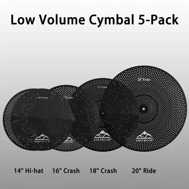 Alt view image 2 of 7 - 5 Pieces Low Volume Cymbal Pack with Cymbal Bag and Felts,Black | Cymbals for Drum Set (14"Hi-hat+16"Crash+18"Crash+20"Ride)
