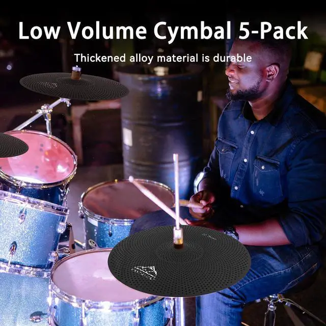 Alt view image 5 of 7 - 5 Pieces Low Volume Cymbal Pack with Cymbal Bag and Felts,Black | Cymbals for Drum Set (14"Hi-hat+16"Crash+18"Crash+20"Ride)