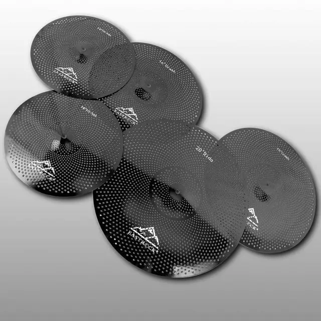 Alt view image 7 of 7 - 5 Pieces Low Volume Cymbal Pack with Cymbal Bag and Felts,Black | Cymbals for Drum Set (14"Hi-hat+16"Crash+18"Crash+20"Ride)