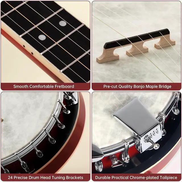 Alt view image 5 of 7 - Banjo, 5 String Electric Acoustic Banjos with Remo Head Full Size 38 Inch Closed Back with Removable Resonator, Strings Pack, Finger Picks, Strap, Case for Beginners Adults Starter Gift