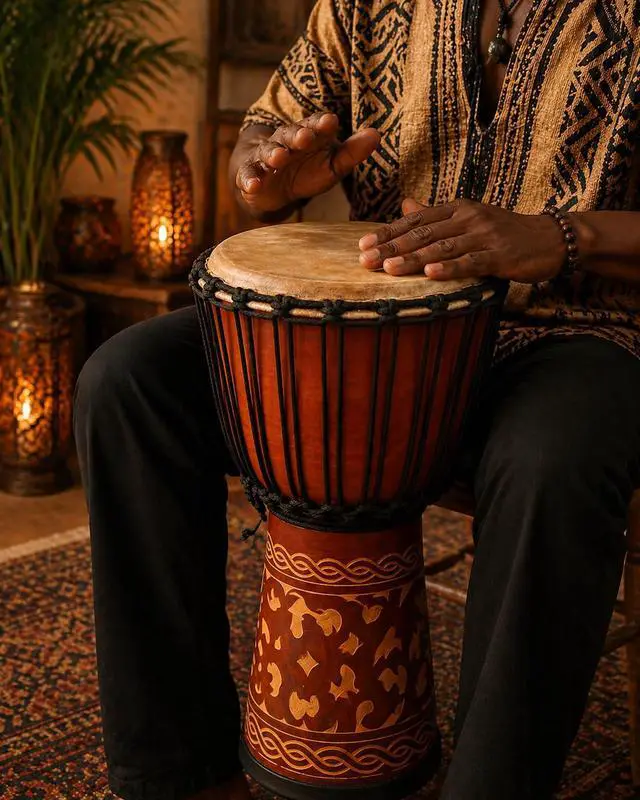 Alt view image 3 of 5 - Djembe Standard Line Carved Mahogany Wood with Natural Goat Skin, 24" Tall, 12" Head, Model NK149