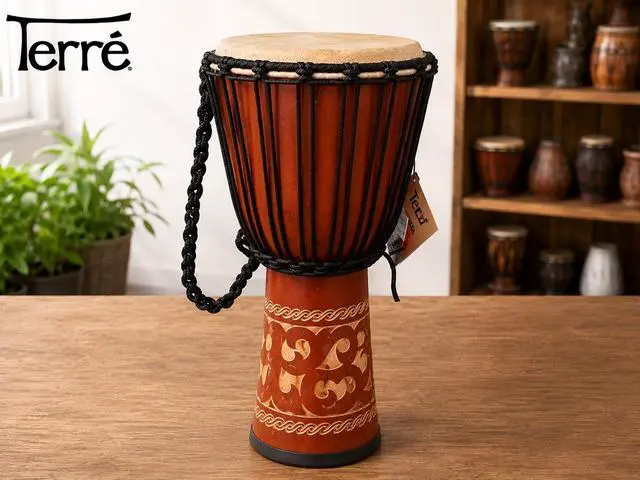 Alt view image 5 of 5 - Djembe Standard Line Carved Mahogany Wood with Natural Goat Skin, 24" Tall, 12" Head, Model NK149