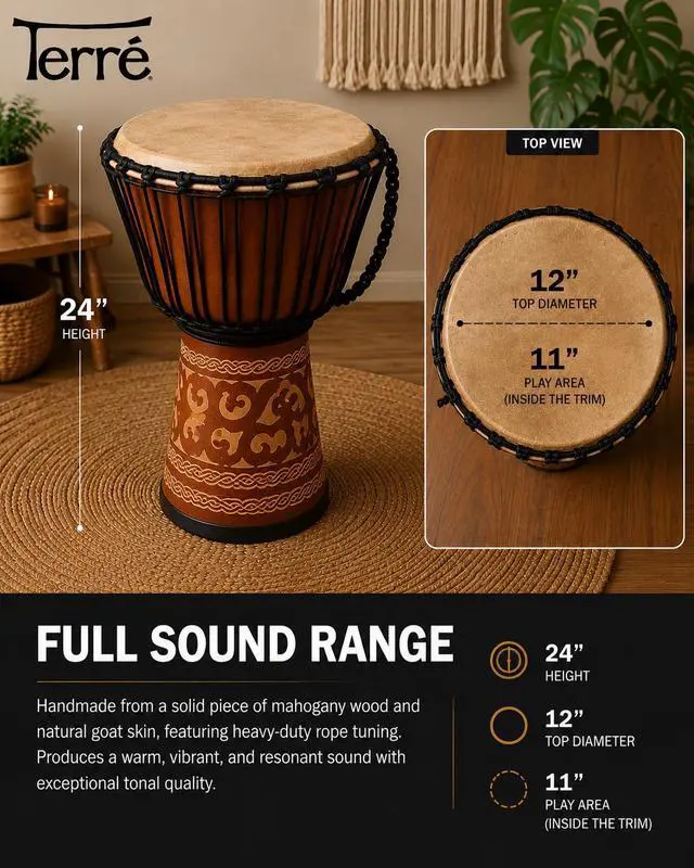 Alt view image 4 of 5 - Djembe Standard Line Carved Mahogany Wood with Natural Goat Skin, 24" Tall, 12" Head, Model NK149