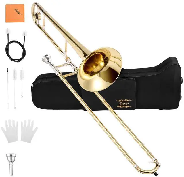 Main image of Bb Tenor Slide Trombone for Beginners Students, B Flat Brass Plated Trombone Instrument with Mouthpiece, White Gloves, Cleaning Kit, ETB-330, Golden