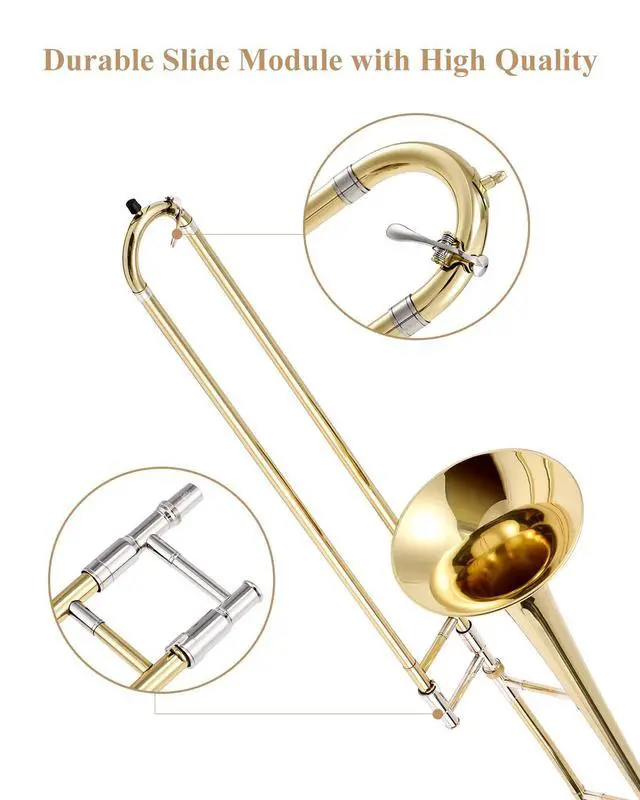 Alt view image 3 of 7 - Bb Tenor Slide Trombone for Beginners Students, B Flat Brass Plated Trombone Instrument with Mouthpiece, White Gloves, Cleaning Kit, ETB-330, Golden