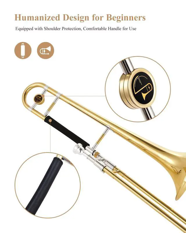 Alt view image 2 of 7 - Bb Tenor Slide Trombone for Beginners Students, B Flat Brass Plated Trombone Instrument with Mouthpiece, White Gloves, Cleaning Kit, ETB-330, Golden